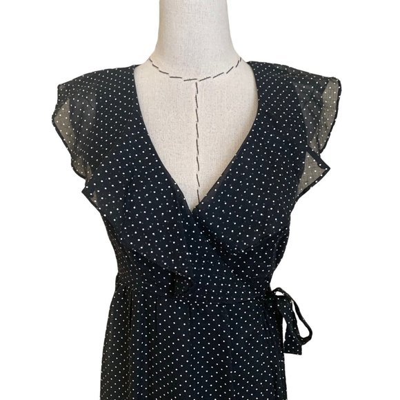 Vintage 70s Roberta Black Polka Dot Maxi Wrap Dress Ruffles Open Back Hostess M - Picture 2 of 12